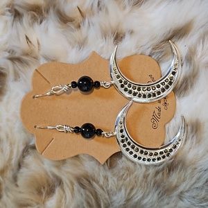 Handmade Crecent Moon Earrings with Obsidian Beads.